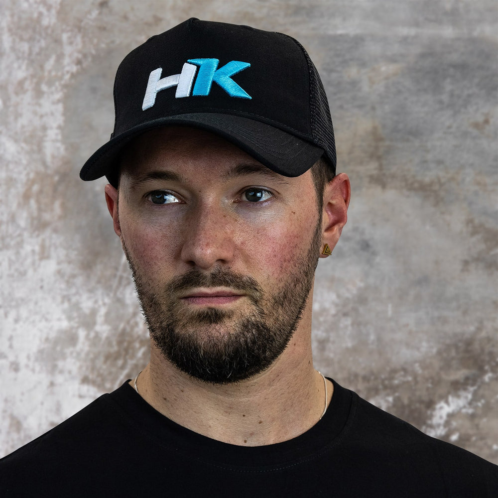 Hardkorr trucker hat blue white emblem