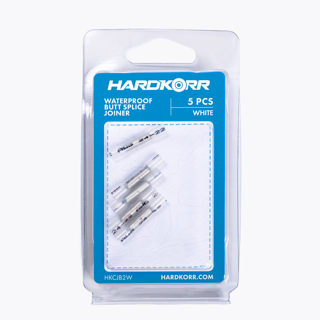 Clear plastic packaging containing five white Cable Joiner Butt Splice 2mm white (5 Pack) connectors for reliable waterproof electrical connections, ideal for camping power setups.