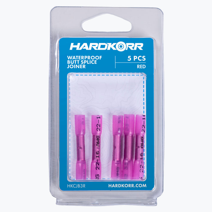 Package of five red waterproof Cable Joiner Butt Splice 3mm Red (5 Pack) connectors for reliable outdoor electrical connections by Innovative 4x4, Camping Power & LED Lighting Solutions.
