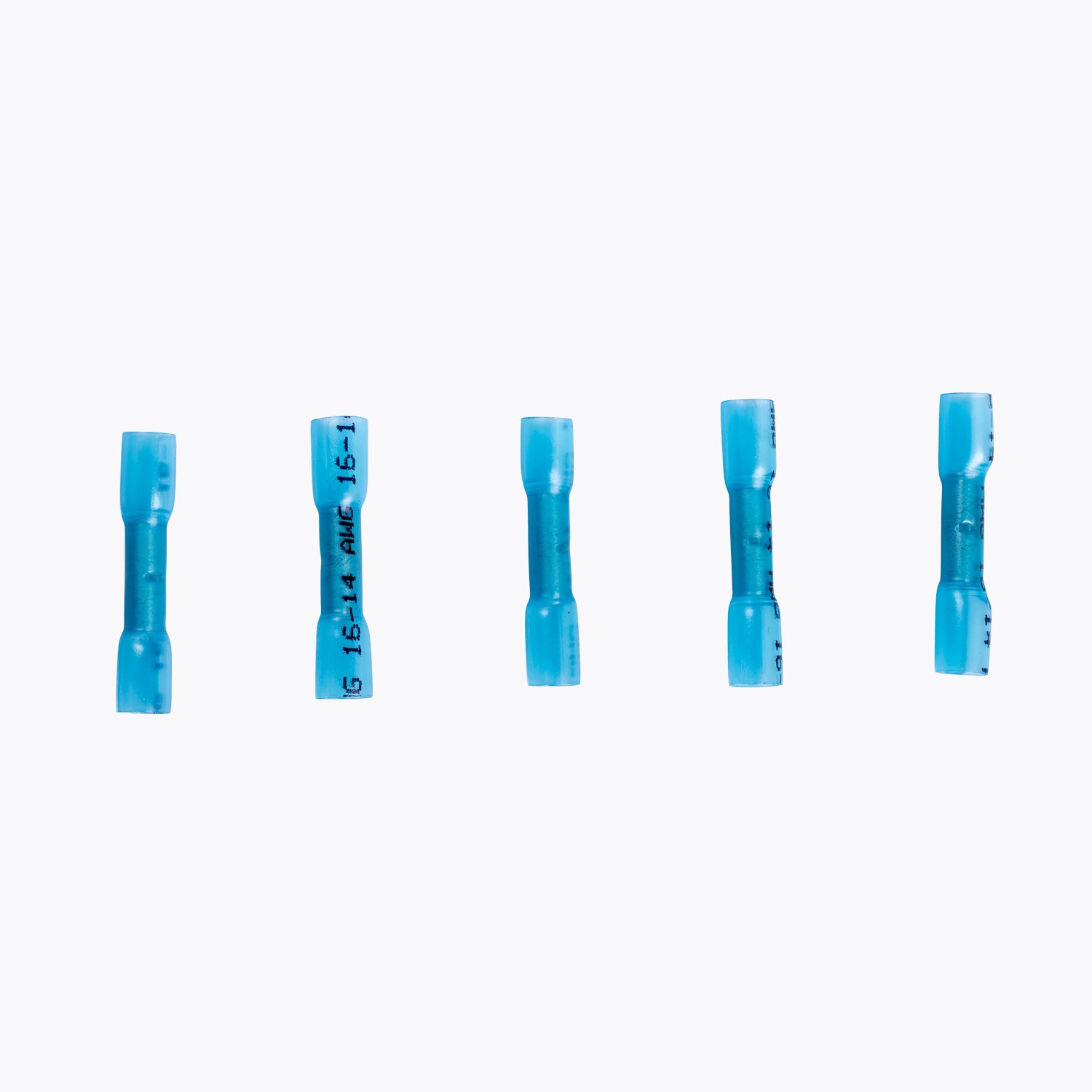 Five blue Cable Joiner Butt Splice 4mm Blue (5 Pack) connectors arranged in a row, designed for secure electrical wiring connections in camping power and LED lighting solutions.
