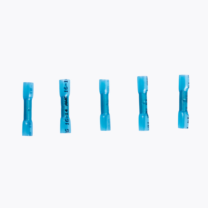 Five blue Cable Joiner Butt Splice 4mm Blue (5 Pack) connectors arranged in a row, designed for secure electrical wiring connections in camping power and LED lighting solutions.
