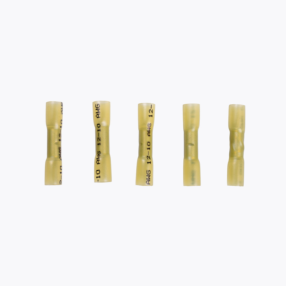 Five yellow Cable Joiner Butt Splice 6mm yellow (5 Pack) connectors arranged on a white background, designed for camping power and LED lighting solutions.