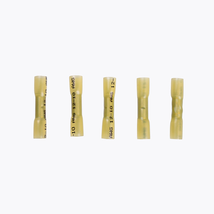 Five yellow Cable Joiner Butt Splice 6mm yellow (5 Pack) connectors arranged on a white background, designed for camping power and LED lighting solutions.