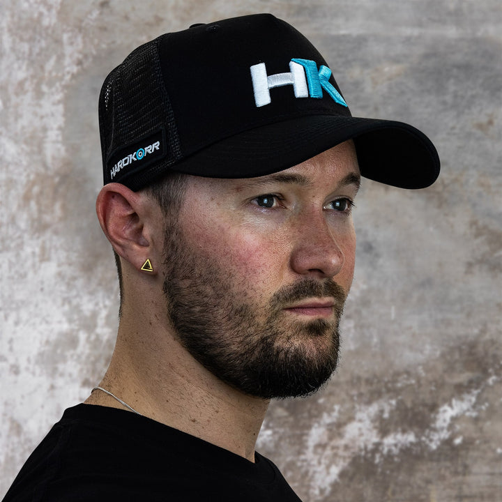 Hardkorr trucker hat blue white emblem