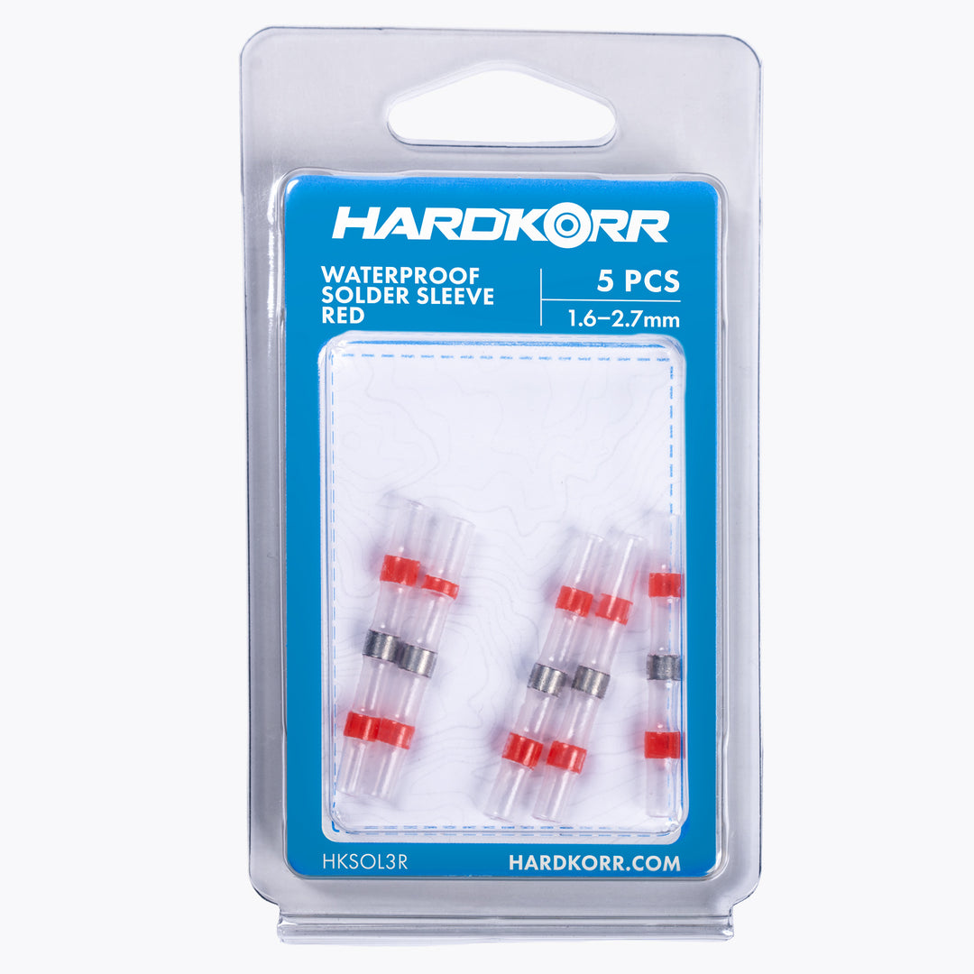 Solder Sleeve Kit - 1.6-2.7mm Red (5 pack) in clear packaging with blue backing, waterproof design for reliable connections in outdoor camping lights and power solutions.