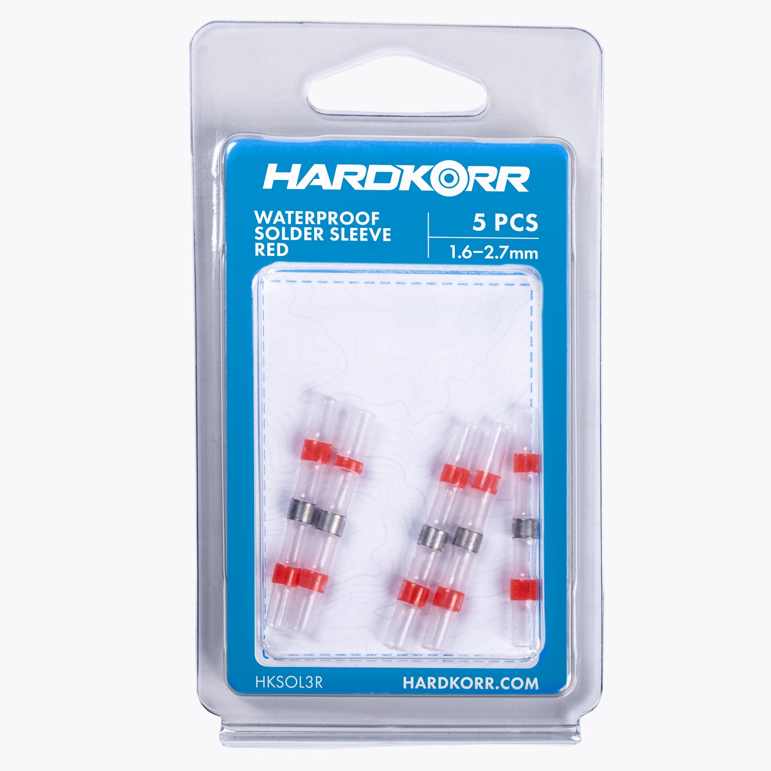 Solder Sleeve Kit - 1.6-2.7mm Red (5 pack) in clear packaging with blue backing, waterproof design for reliable connections in outdoor camping lights and power solutions.