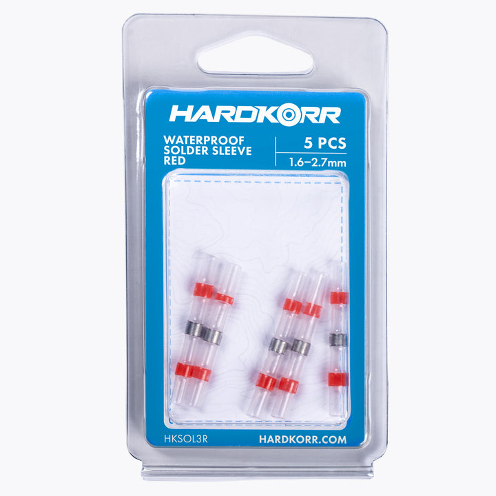 Solder Sleeve Kit - 1.6-2.7mm Red (5 pack) in clear packaging with blue backing, waterproof design for reliable connections in outdoor camping lights and power solutions.