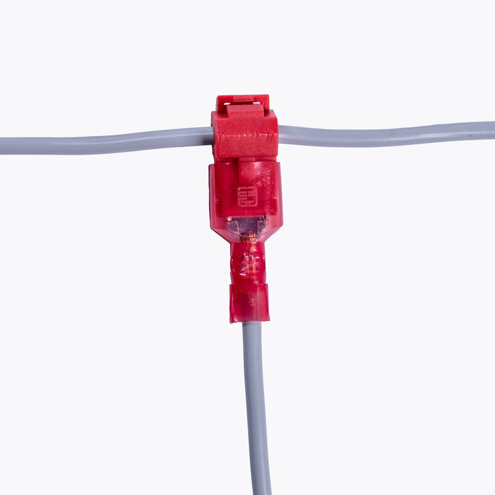 Take Off Connector 3mm Red (6 pack) attached to gray electrical wires, designed for reliable power distribution in camping lights and outdoor LED lighting solutions.