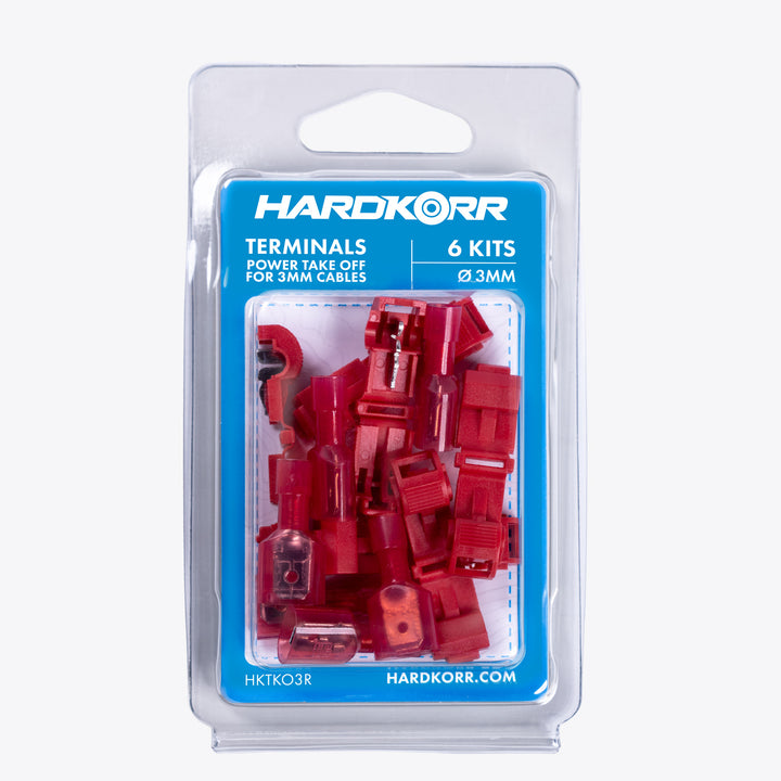 Take Off Connector 3mm Red (6 pack) in blue packaging by Hardkorr, compatible with 3mm cables for camping power and LED lighting solutions.