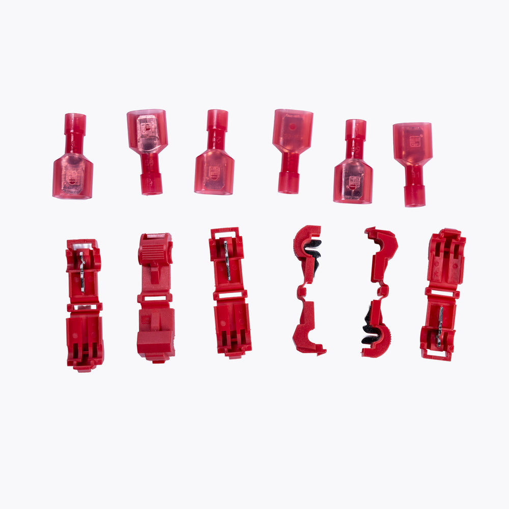 Take Off Connector 3mm Red (6 pack) displayed with open and closed views, designed for easy power distribution in camping lights and outdoor electrical setups.