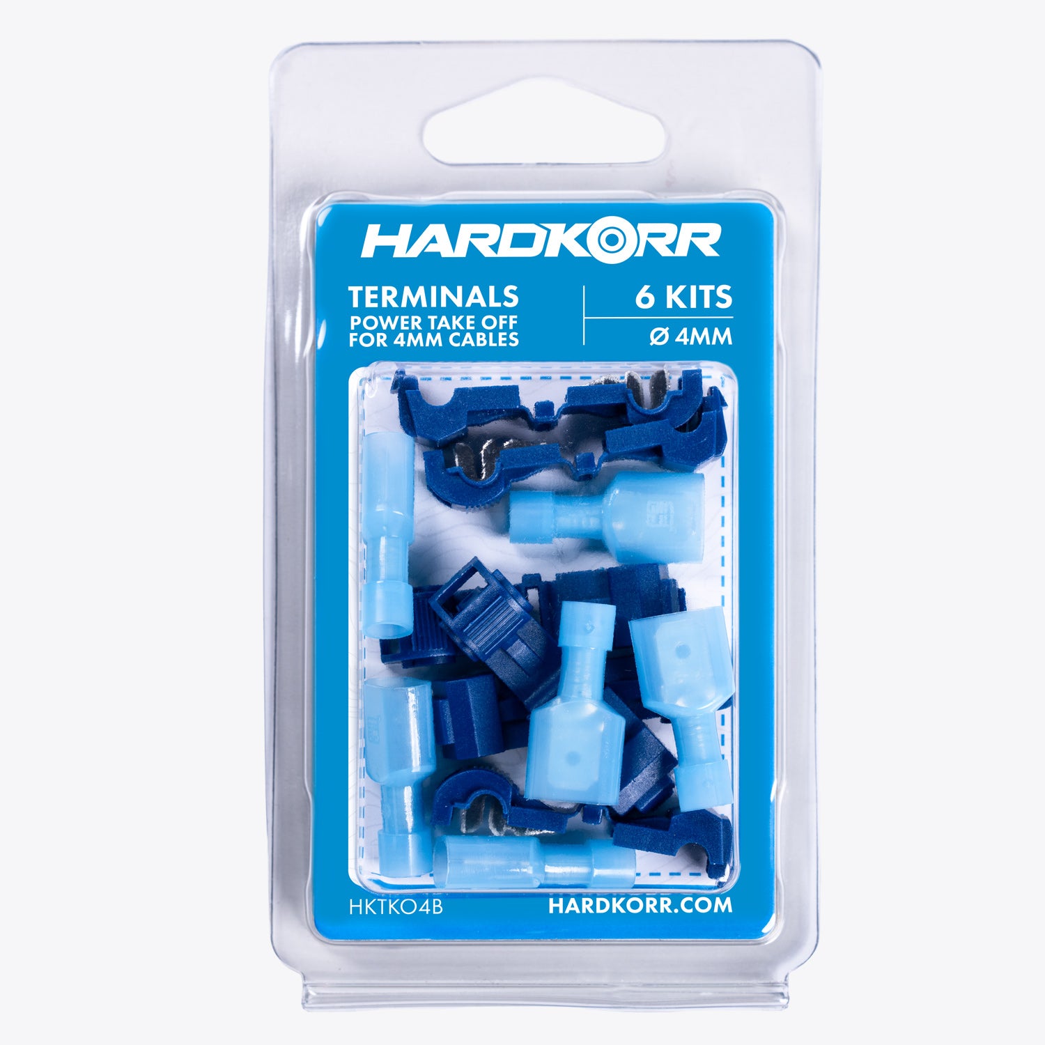 Take Off Connector 4mm Blue (6 pack) in blue, designed for 4mm cables, ideal for camping power distribution and LED lighting solutions from Hardkorr, perfect for outdoor adventures.