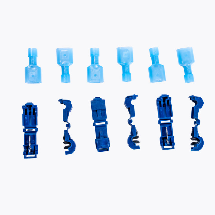 Take Off Connector 4mm Blue (6 pack) displayed with clear and blue plastic components ideal for camping lights, power distribution, and LED lighting solutions in outdoor adventures.